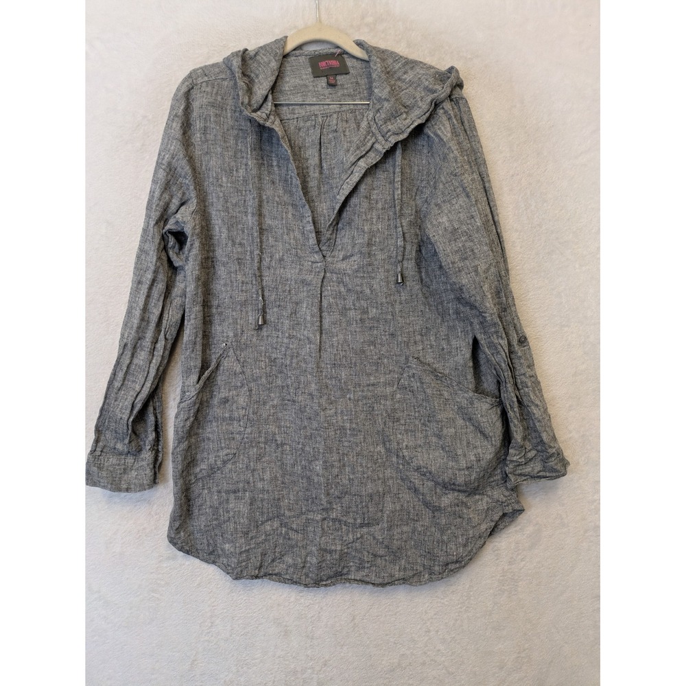 Forcynthia Beachwear Tunic Women's Medium Gray Linen Blend Hooded Pockets